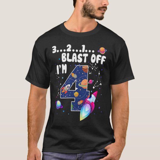 Outer Space Blast Off I'm 4th Birthday Count 4 T-shirt (Voorkant)