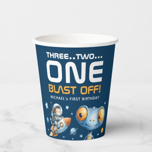 Outer Space Blast Off Schattige Alien 1e Verjaarda Papieren Bekers (Voorkant)