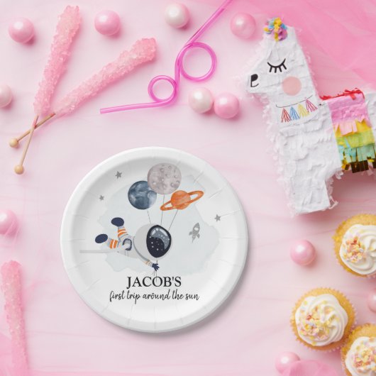 Outer Space Boy 1st reis rond de zondag P Papieren Bordje (Feest)