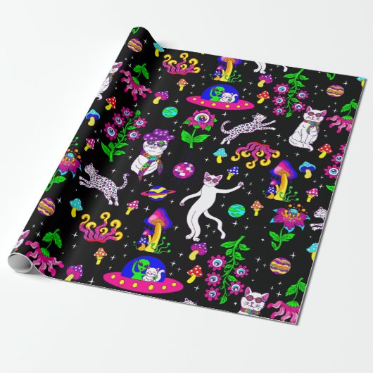 outer space disco cat alien ufo leopard surreal cadeaupapier (Uitgerold)