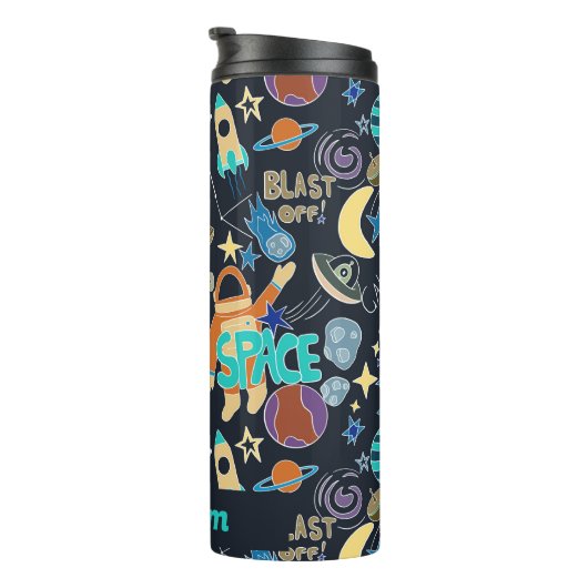 Outer Space Doodle Patroon Gepersonaliseerde naam Thermosbeker (Geroteerd rechts)
