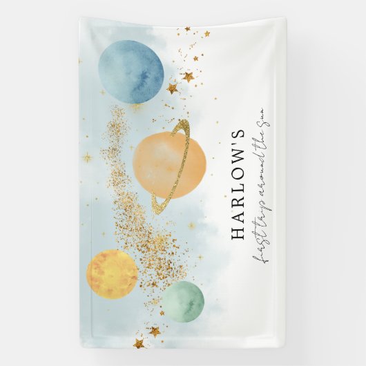 Outer Space Eerste reis rond de zon Verjaardag Spandoek (Verticaal)