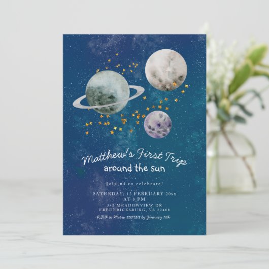 Outer Space eerste verjaardag uitnodiging (Staand voorkant)