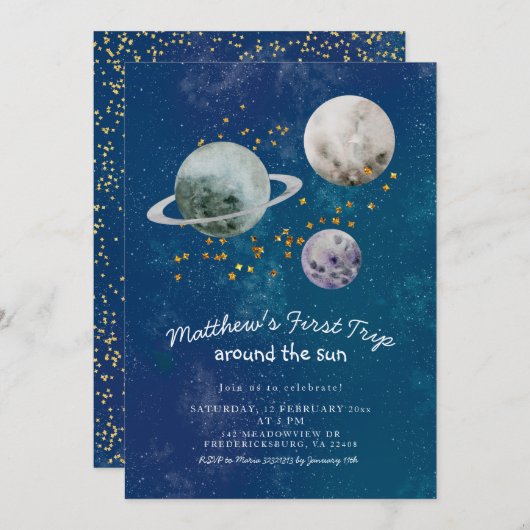 Outer Space eerste verjaardag uitnodiging (Voorkant / Achterkant)