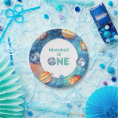 Outer Space Eerste Verjaardagsfeestje Galaxy Plane Papieren Bordje (Feest)