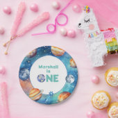 Outer Space Eerste Verjaardagsfeestje Galaxy Plane Papieren Bordje (Feest)