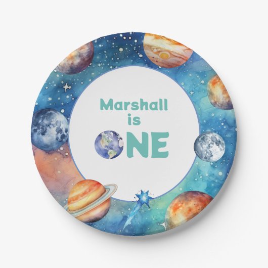 Outer Space Eerste Verjaardagsfeestje Galaxy Plane Papieren Bordje (Voorkant)