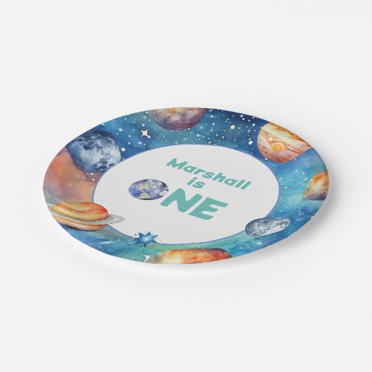 Outer Space Eerste Verjaardagsfeestje Galaxy Plane Papieren Bordje (Gekanteld)