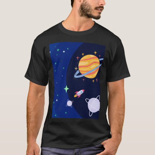Outer Space Explorer sterren en planeten ontwerp T-shirt (Voorkant)