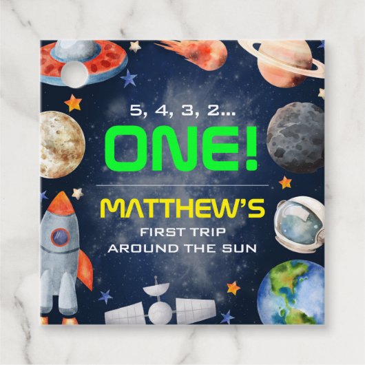 Outer Space First Birthday Bedankjes Labels (Voorkant)