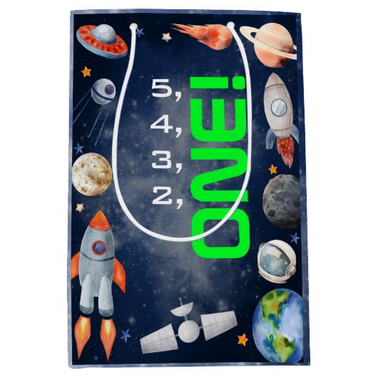 Outer Space First Birthday Medium Cadeauzakje (Voorkant)