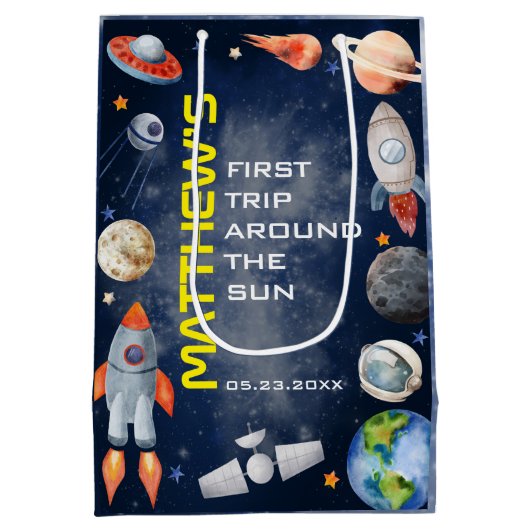 Outer Space First Birthday Medium Cadeauzakje (Achterkant)