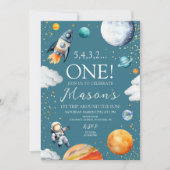 Outer Space First Birthday Rocket Teal Blue Kaart (Voorkant)