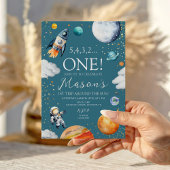 Outer Space First Birthday Rocket Teal Blue Kaart