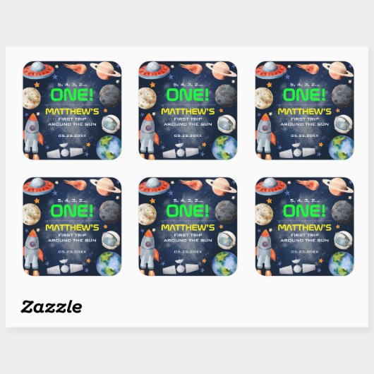 Outer Space First Birthday Vierkante Sticker (Vel)