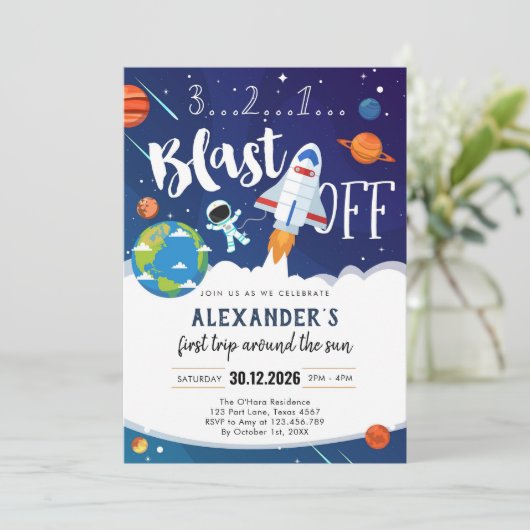 Outer Space First Trip Around the Sun 1st Birthday Kaart (Staand voorkant)