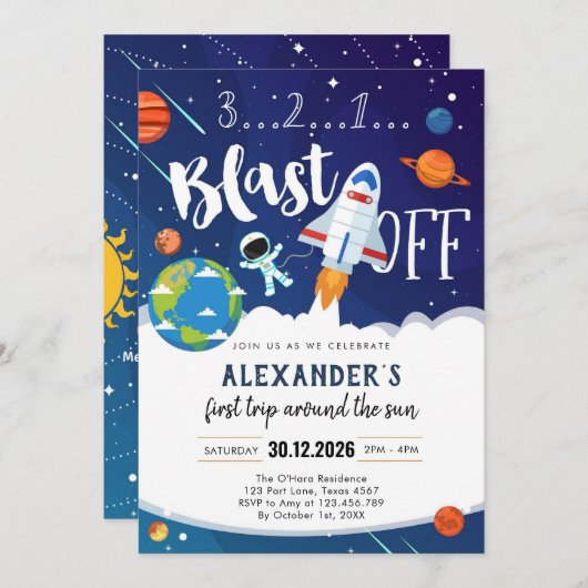 Outer Space First Trip Around the Sun 1st Birthday Kaart (Voorkant / Achterkant)