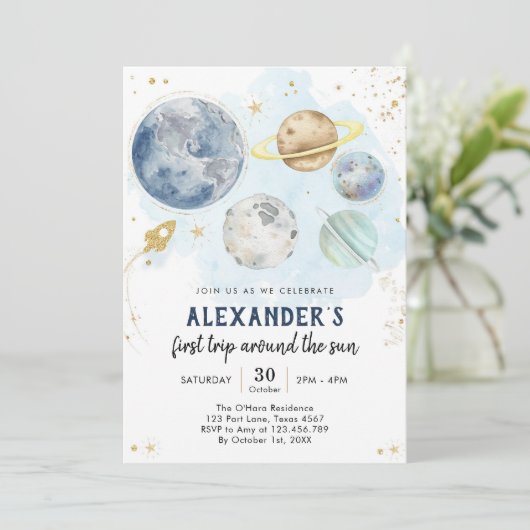 Outer Space First Trip Around the Sun 1st Birthday Kaart (Staand voorkant)