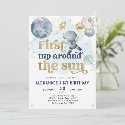 Outer Space First Trip Around the Sun 1st Birthday Kaart (Staand voorkant)