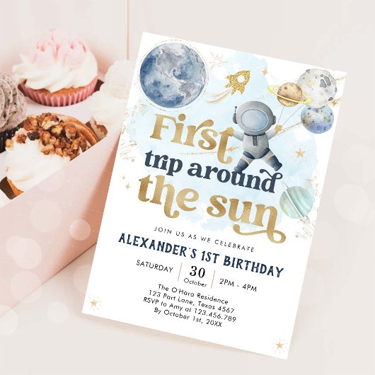 Outer Space First Trip Around the Sun 1st Birthday Kaart