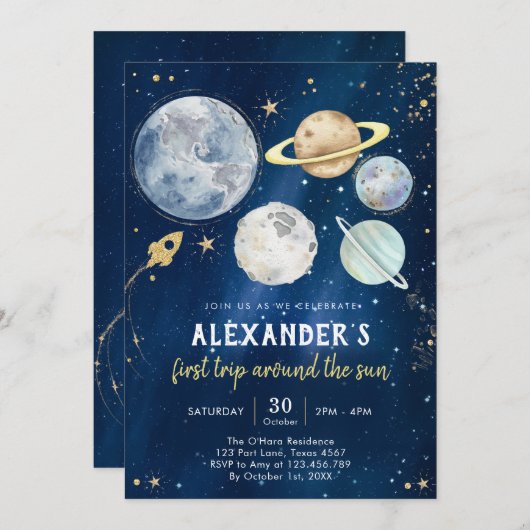 Outer Space First Trip Around the Sun 1st Birthday Kaart (Voorkant / Achterkant)