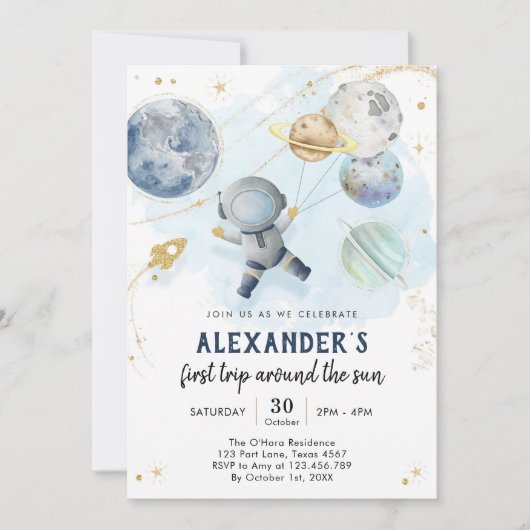 Outer Space First Trip Around the Sun 1st Birthday Kaart (Voorkant)