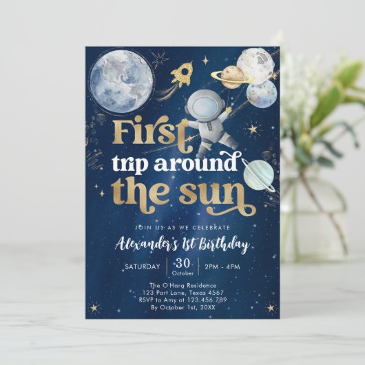 Outer Space First Trip Around the Sun 1st Birthday Kaart (Staand voorkant)