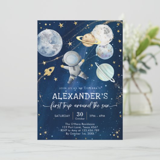 Outer Space First Trip Around the Sun 1st Birthday Kaart (Staand voorkant)