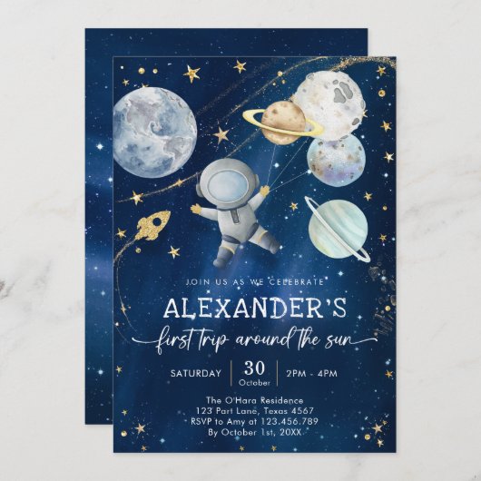 Outer Space First Trip Around the Sun 1st Birthday Kaart (Voorkant / Achterkant)
