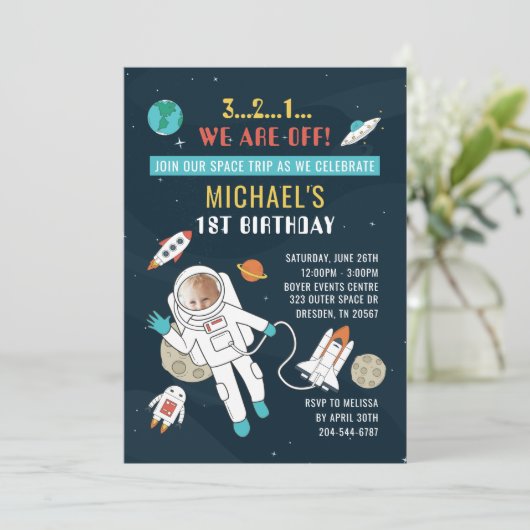 Outer Space Future Astronaut 1st Birthday Foto Kaart (Staand voorkant)