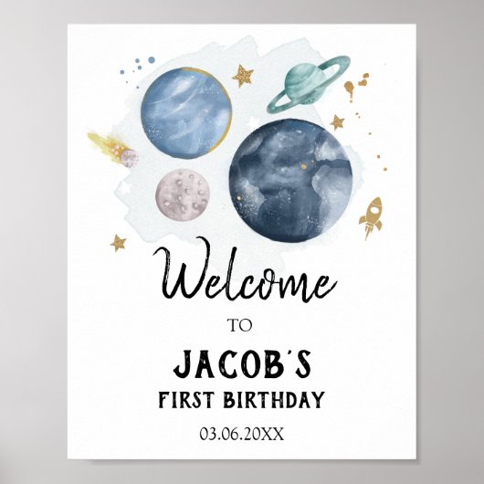 Outer Space Galaxy Astronaut Boy Birthday Welkom Poster (Voorkant)