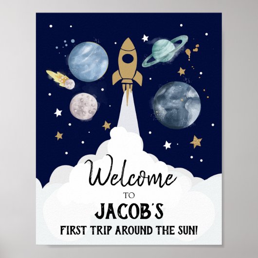 Outer Space Galaxy Astronaut Boy Birthday Welkom Poster (Voorkant)