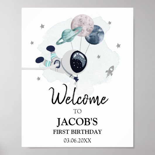 Outer Space Galaxy Astronaut Boy Birthday Welkom Poster (Voorkant)