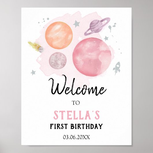 Outer Space Galaxy Astronaut Girl Birthday Welkom Poster (Voorkant)