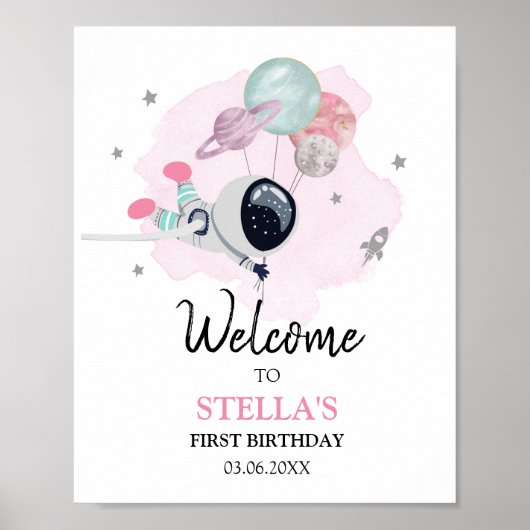 Outer Space Galaxy Astronaut Girl Birthday Welkom Poster (Voorkant)