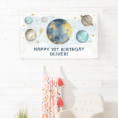 Outer Space Galaxy Maan Sterren Gelukkig Verjaarda Spandoek (Insitu)