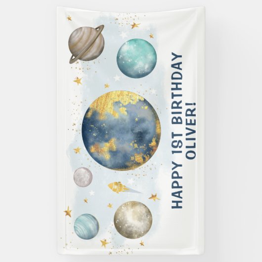 Outer Space Galaxy Maan Sterren Gelukkig Verjaarda Spandoek (Verticaal)