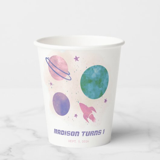 Outer Space Galaxy Planet Girl 1ste verjaardag Papieren Bekers (Voorkant)