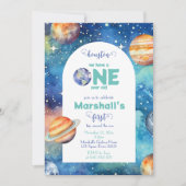 Outer Space Galaxy Planets Eerste Verjaardagsfeest Kaart (Voorkant)