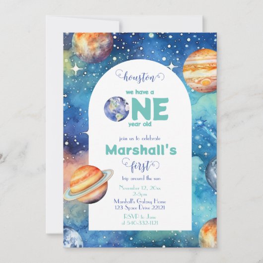 Outer Space Galaxy Planets Eerste Verjaardagsfeest Kaart (Voorkant)