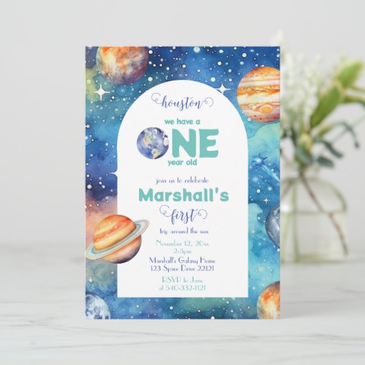Outer Space Galaxy Planets Eerste Verjaardagsfeest Kaart (Staand voorkant)