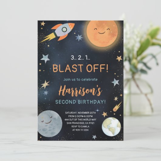 Outer Space Galaxy Planets Verjaardag Uitnodiging (Staand voorkant)