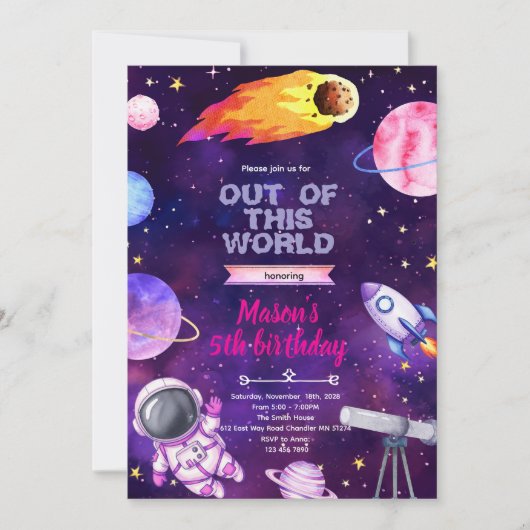 Outer space girl theme invitation kaart (Voorkant)
