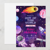 Outer space girl theme invitation kaart (Voorkant / Achterkant)