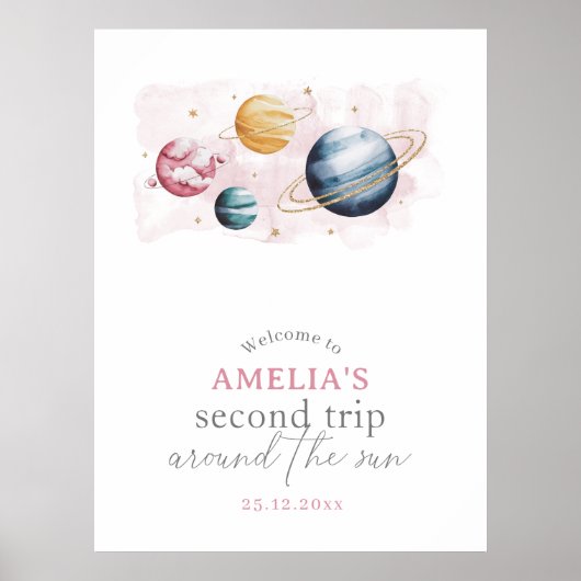 Outer Space Girl Verjaardag Galaxy Planeten Welkom Poster (Voorkant)
