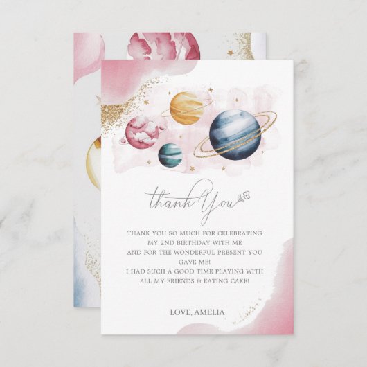 Outer Space Girl Verjaardag Galaxy Sterren Planete Bedankkaart (Voorkant / Achterkant)