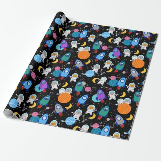 Outer Space Kittens Kat Astronaut Kinderen Verjaar Cadeaupapier (Uitgerold)