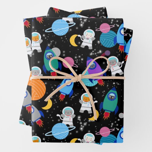 Outer Space Kittens Kat Astronaut Kinderen Verjaar Inpakpapier Vel (In situ)