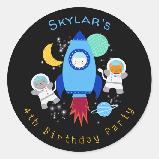 Outer Space Kittens Kat Astronaut Kinderen Verjaar Ronde Sticker (Voorkant)