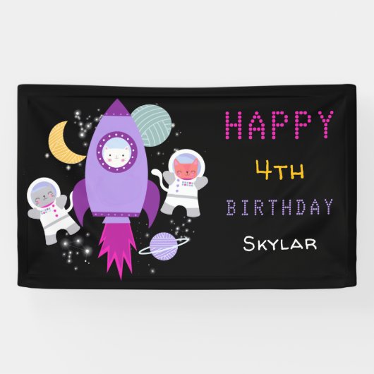Outer Space Kittens Kat Astronaut Kinderen Verjaar Spandoek (Horizontaal)
